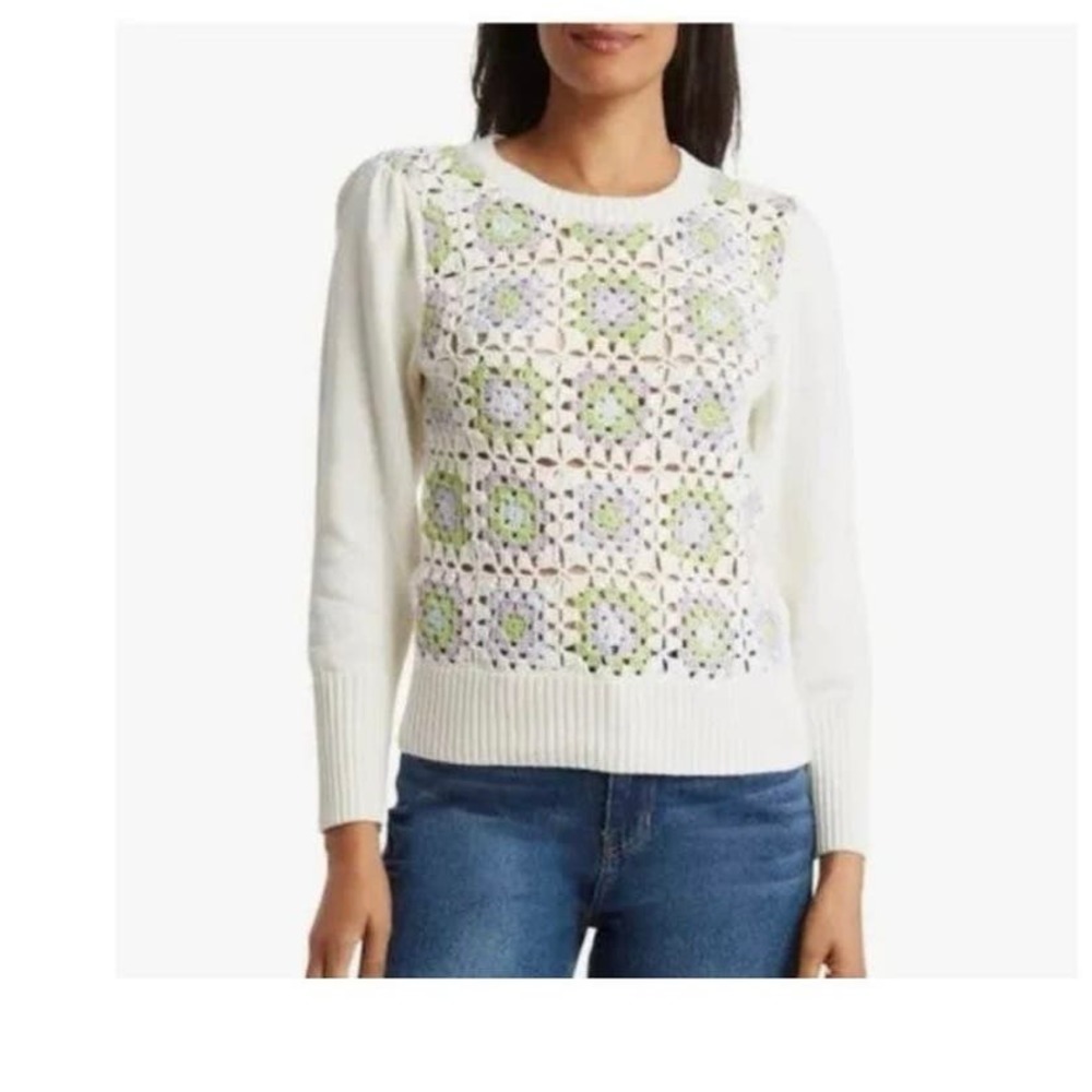 Design History Crochet Puff Sleeve Cotton Sweater Size large NWT Granny Square